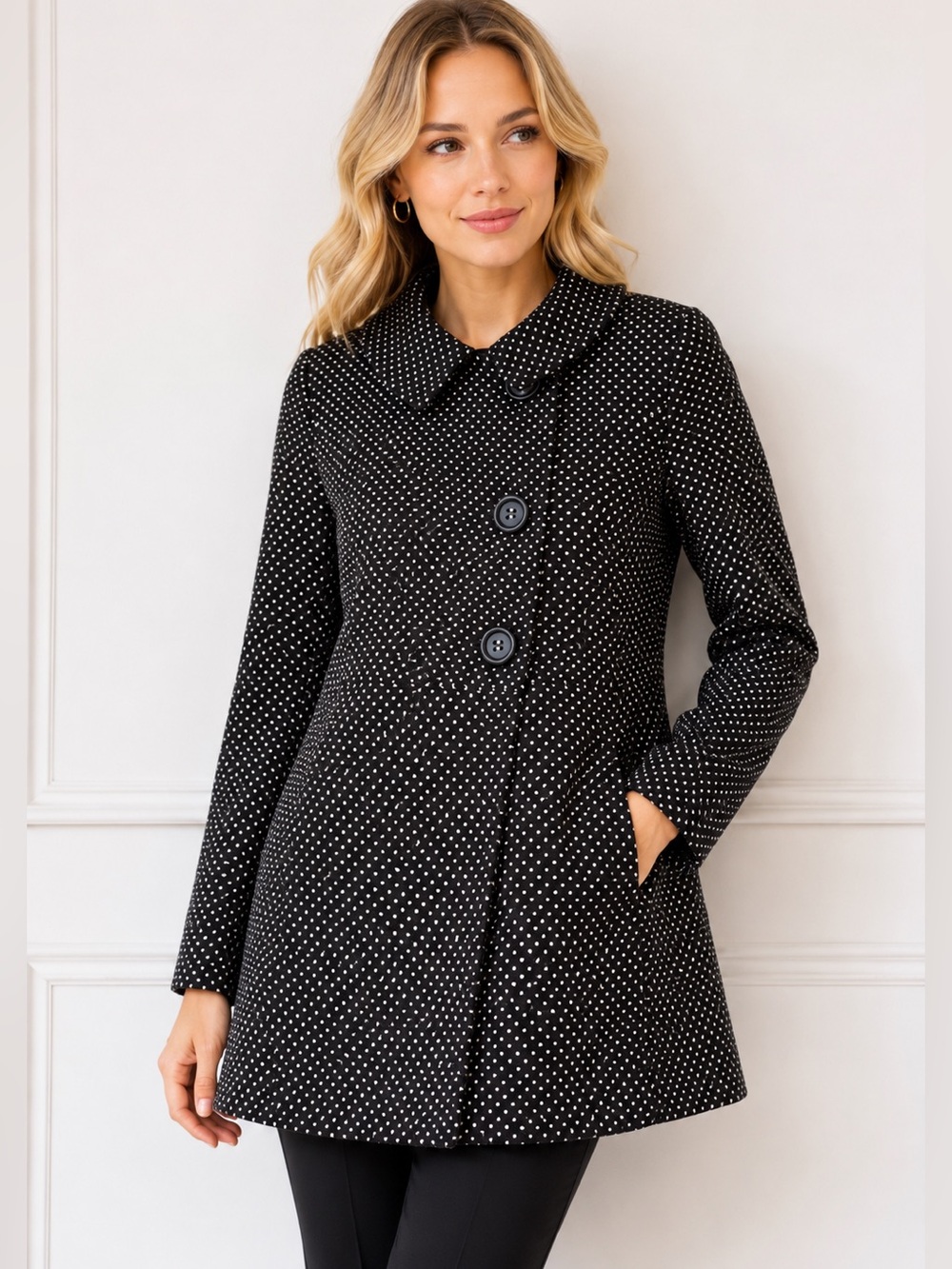 Armi Yaelle Black & White Polka Dot Swing Coat Peter Pan Collar Size M